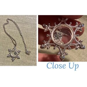 Silver Tone Snowflake Shaker Pendant Necklace Rhinestone Pearl Floating Charms